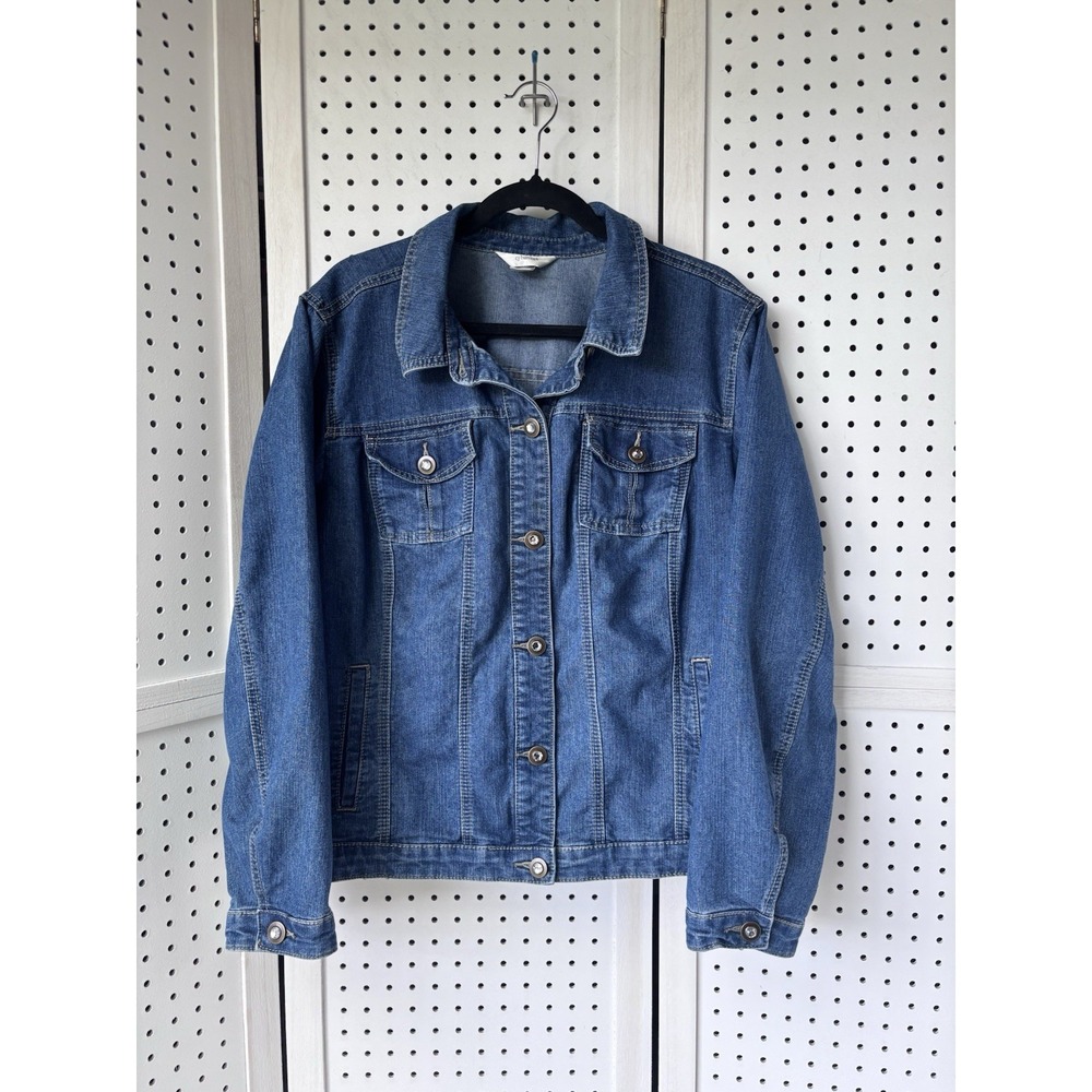 CJ BANKS Women's 1X Denim Jean Jacket Jewel Button Front Cotton Poly Stretch